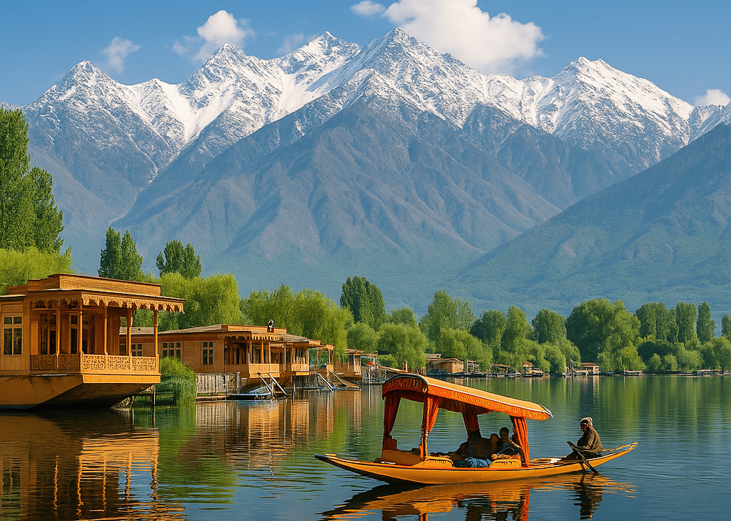 Beautiful Dal Lake in Srinagar, Kashmir with traditional shikara boats and wooden houseboats set against snow-covered Himalayan mountains under a clear blue sky.