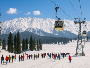 Tourists enjoying the snow-covered slopes of Gulmarg in Kashmir with the Gulmarg Gondola and pine forests beneath majestic Himalayan peaks on a sunny winter day.